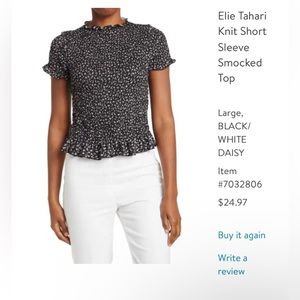 NWT Elie Tahari Knit Short-Sleeve Smocked Top